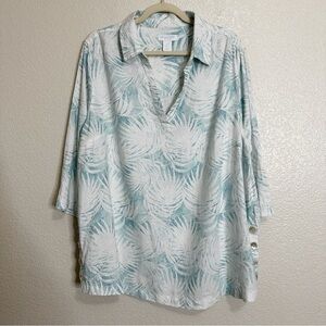 Martha Stewart Linen Blend White Aqua Palm 3/4 Sleeves Blouse, Size 1X